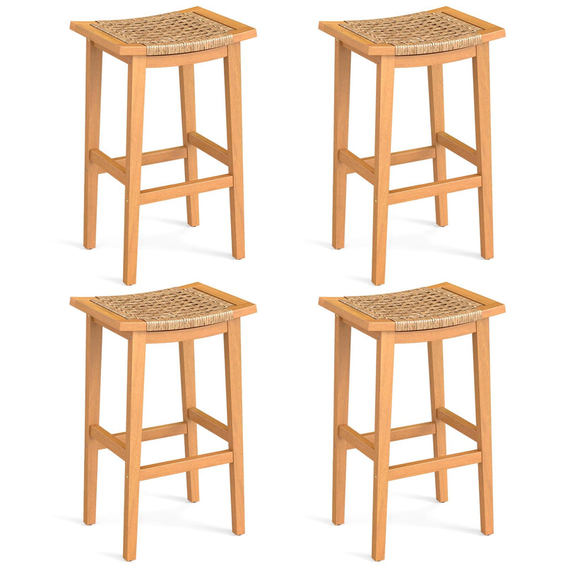 Giantex Outdoor Wooden Bar Stools Set of 2/4 with PE Rattan Saddle Seat & Footrest