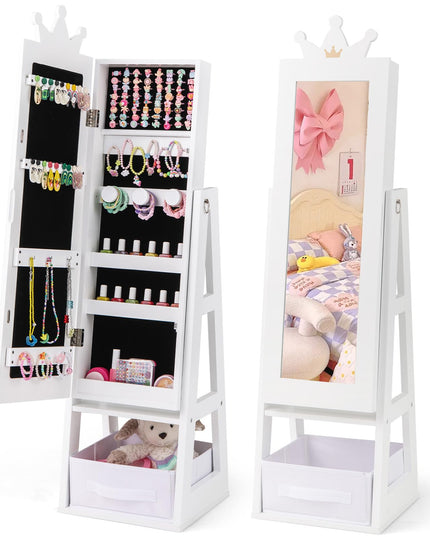 CHARMAID Kids Mirror Jewelry Cabinet - 45.5'' Standing Jewelry Armoire with Full Length Mirror
