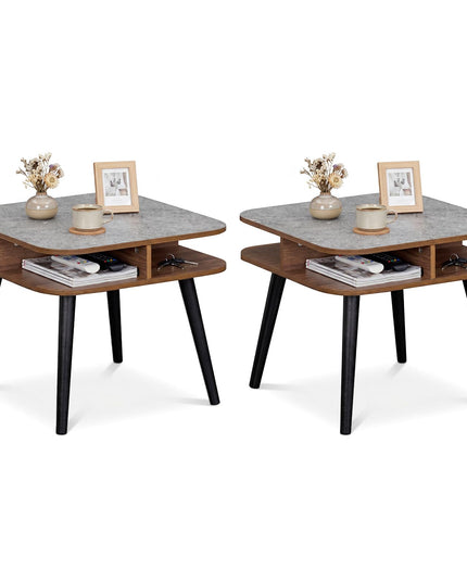 Table d'appoint à 2 niveaux en faux marbre Giantex avec étagères de rangement et pieds en bois d'hévéa