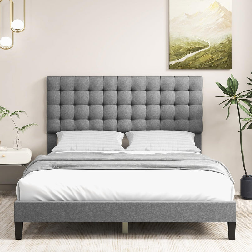 Giantex Queen Bed Frame, Upholstered Platform Bed with Button Tufted Headboard and Solid Wooden Slats Support