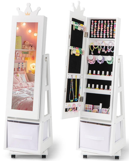 CHARMAID 360° Swivel Kids Jewelry Cabinet, 48" Standing Jewelry Organizer with Full Length Mirror, Storage Drawer