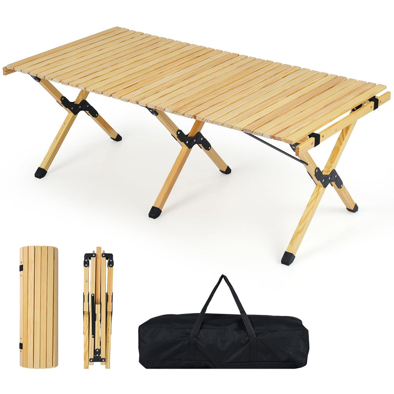 Giantex Portable Roll-Up Pine Wood Picnic Table with Carry Bag