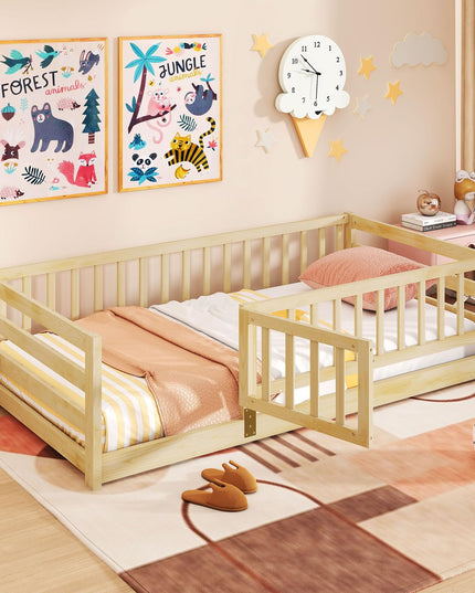 Giantex Twin Floor Bed with High Fence & Door
