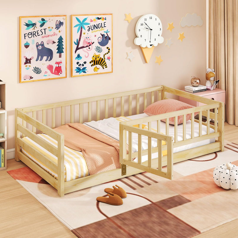 Giantex Twin Floor Bed with High Fence & Door