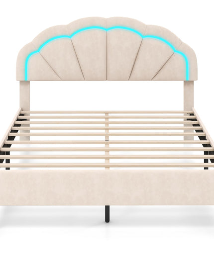 Giantex Full Size LED Bed Frame, Velvet Upholstered Full Platform Bed with Adjustable Cloud Headboard