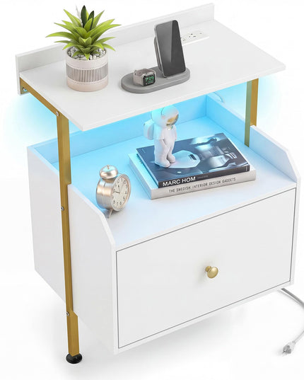 Giantex Nightstand w/Charging Station & LED Light for Bedroom Living Room Study