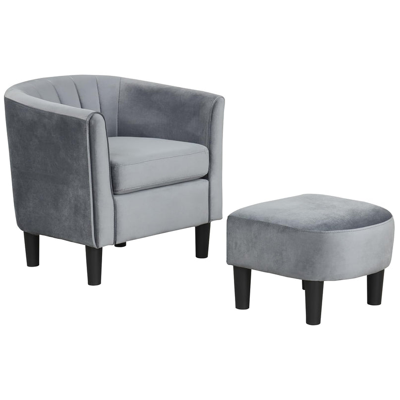 Giantex Modern Accent Chair with Ottoman, Upholstered Teddy Velvet Barrel Club Chair w/Footrest