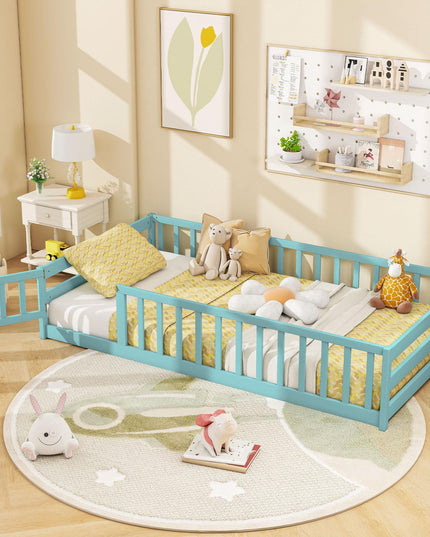 Giantex  Floor Bed with Door & Fence Kids Wood Montessori Bed