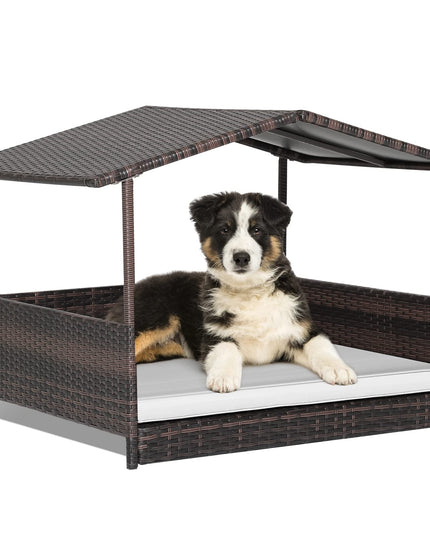 Giantex Wicker Dog House, Raised Rattan Dog Bed with Roof, Removable Cushion and Steel Frame