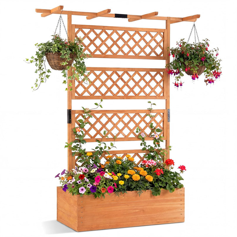 Giantex Raised Garden Bed with Trellis 1/2 Pack 72'' Wooden Planter Box(60"Lx22”Wx 72"H)