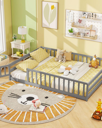 Giantex  Floor Bed with Door & Fence Kids Wood Montessori Bed