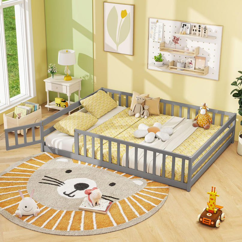 Giantex  Floor Bed with Door & Fence Kids Wood Montessori Bed