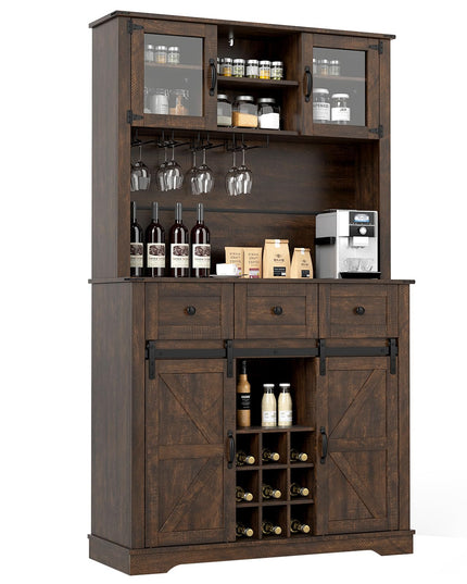 Giantex 72" Farmhouse Coffee Bar Cabinet w/Glass Doors & Wine Racks
