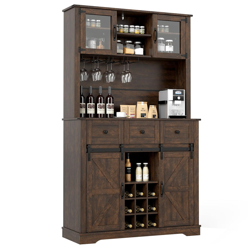 Giantex 72" Farmhouse Coffee Bar Cabinet w/Glass Doors & Wine Racks