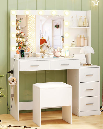 Vanity Desk with Mirror and Lights for Bedroom