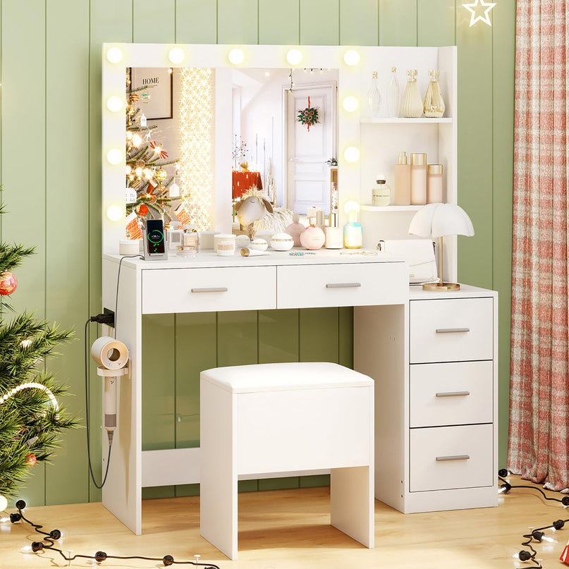 Vanity Desk with Mirror and Lights for Bedroom