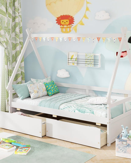 Giantex Twin Bed with 2 Storage Drawers, Wood Montessori House Tent Bed Frame with Safety Guardrail