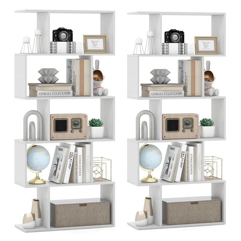 Giantex 5-Tier Geometric Bookshelf, 62.5" Tall Wood S-Shaped Bookcase with Anti-Tipping Device
