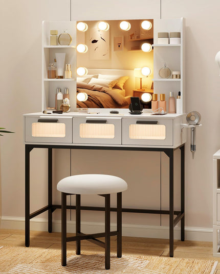 Vanity Desk with Mirror and Lights, White Makeup Vanity Desk with Charging Station