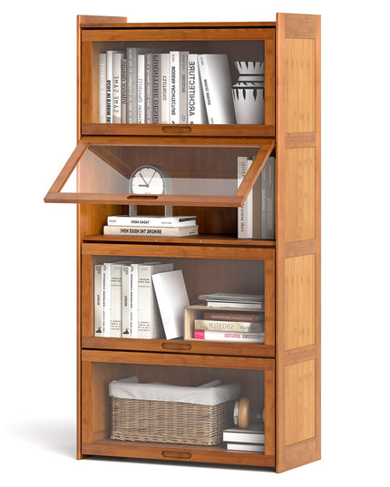 Giantex 4-Tier Bookcase with Clear Doors, 55" Bamboo Bookshelf with Flip-up Acrylic Doors, Freestanding Cube Storage Organizer with Shelves