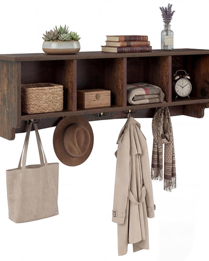 Giantex Wall Mounted Coat Rack 28.5'' Wooden Floating Shelf with 4 Cubbies & 5 Double Hooks