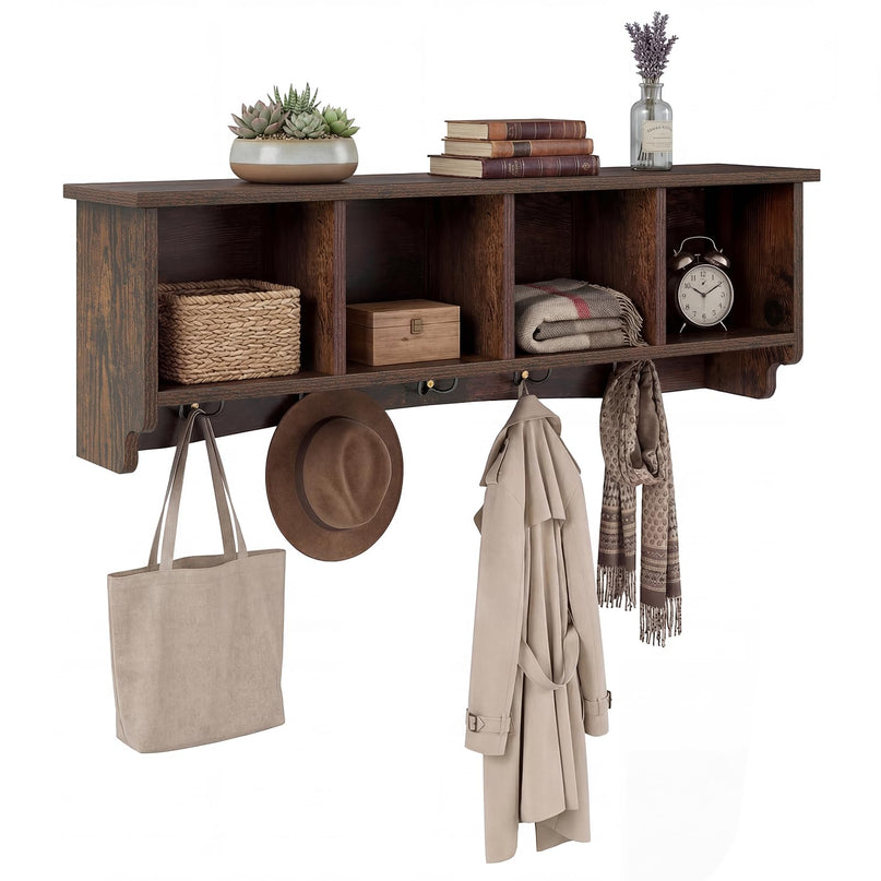 Giantex Wall Mounted Coat Rack 28.5'' Wooden Floating Shelf with 4 Cubbies & 5 Double Hooks