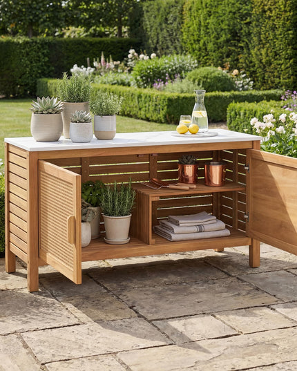Giantex Acacia Wood Outdoor Cabinet w/Faux Marble Top