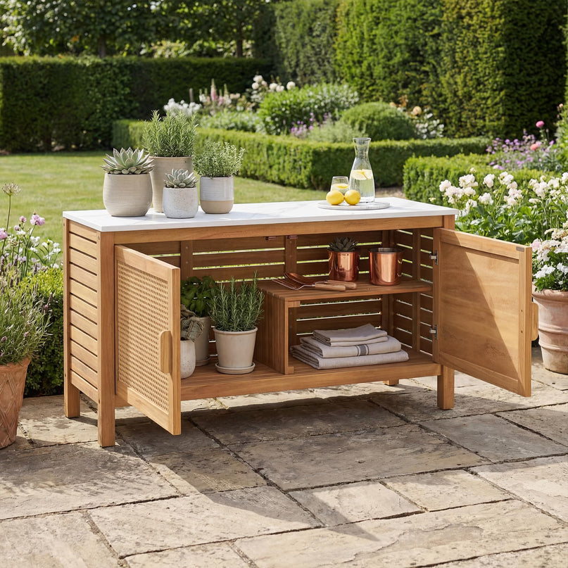Giantex Acacia Wood Outdoor Cabinet w/Faux Marble Top
