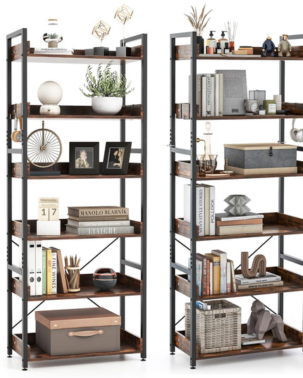 Giantex Industrial 6-Tier Bookshelf, 70" Tall Freestanding Storage Display Shelf with 4 Hooks