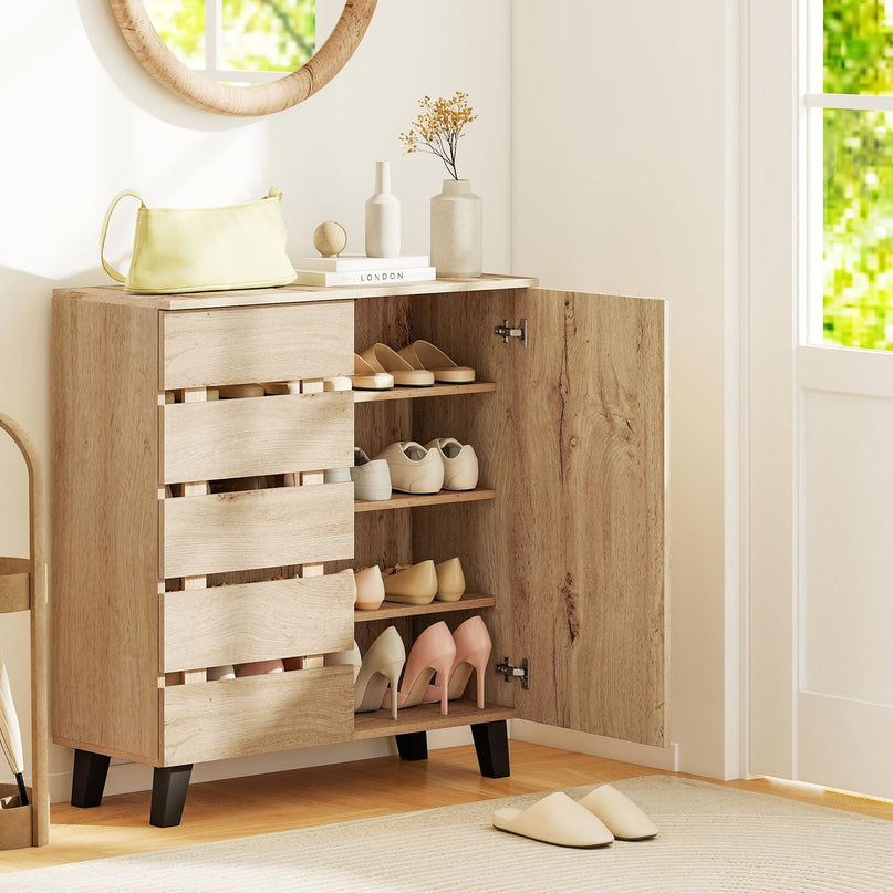 Giantex 4 Tier Farmhouse Shoe Rack Cabinet with 2 Slatted Doors & Removable Shelves