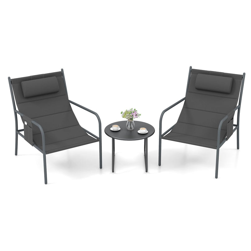 Giantex 3 Piece Patio Bistro Set, Outdoor Metal Chairs Set of 2 with Coffee Table, Breathable Fabric Seats