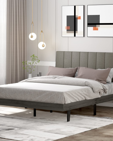 Wooden Slats Support Queen Mattress Foundation with Tufted Headboard, Grey