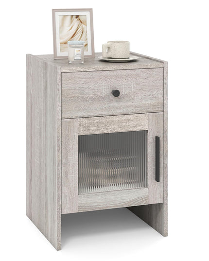 Giantex Farmhouse 16 Inch Rustic End Table with Wavy PC Door and Drawer
