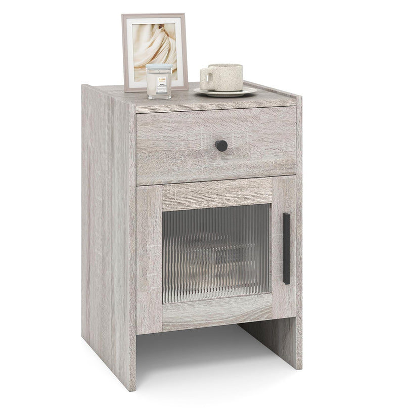 Giantex Farmhouse 16 Inch Rustic End Table with Wavy PC Door and Drawer