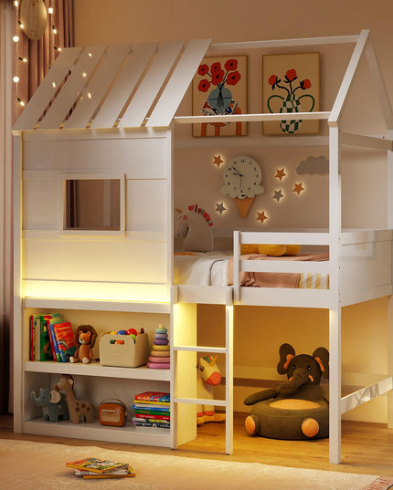 Giantex Twin Size Loft Bed with LED Lights Roof Window & Storage Bookshelf