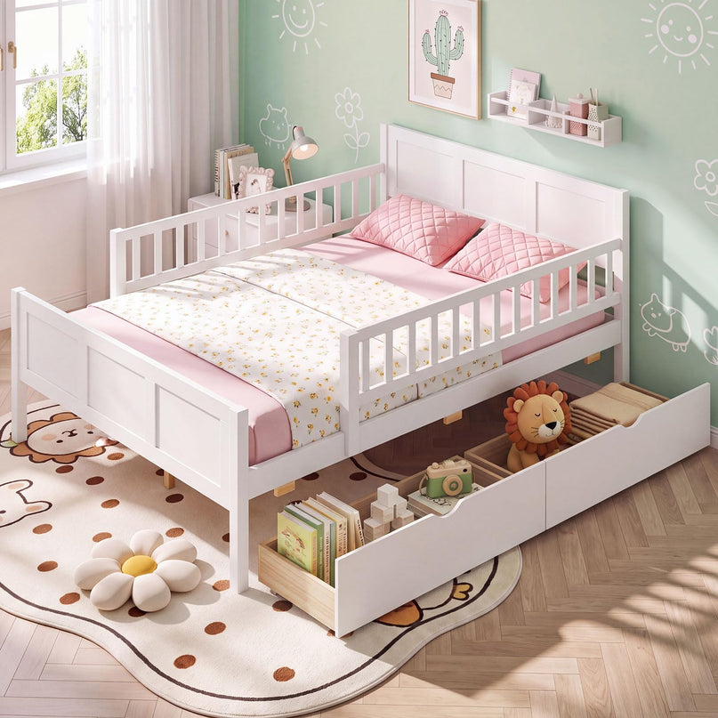 GIANTEX Full/Twin  Size Bed Frame with 2 Storage Drawer & Guardrails for Kids