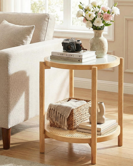 Giantex Rattan Round Side Table | 2-Tier Boho End Table w/Tempered Glass Top (1/2)