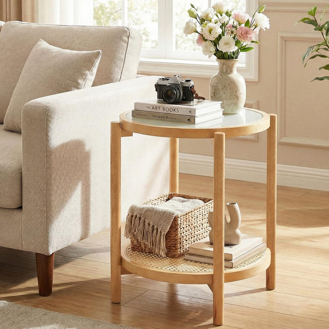 Giantex Rattan Round Side Table | 2-Tier Boho End Table w/Tempered Glass Top (1/2)
