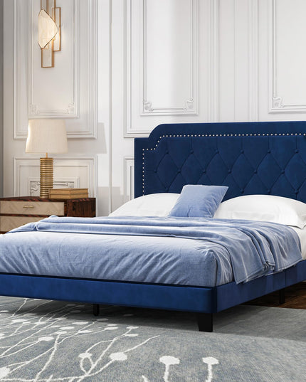 Giantex Velvet Queen Size Bed Frame, Upholstered Platform Bed with Button Tufted & Nailhead Trim Headboard