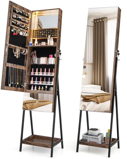 CHARMAID Jewelry Cabinet Armoire with Full Length Mirror, 3-Color Light Strips, Mirrored Tilt out Drawer