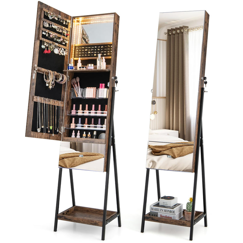 CHARMAID Jewelry Cabinet Armoire with Full Length Mirror, 3-Color Light Strips, Mirrored Tilt out Drawer