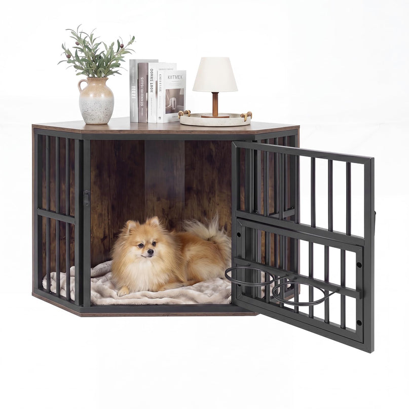 Giantex Wooden Corner Dog Crate Furniture with Adjustable & Reversible Elevated Feeder