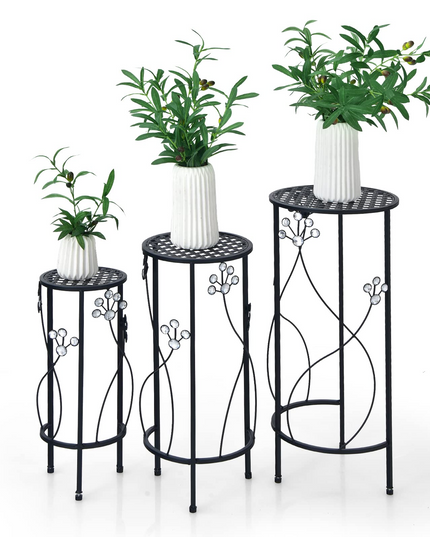 3 Pieces Flower Pots Display Rack with Vines and Crystal Floral Design
