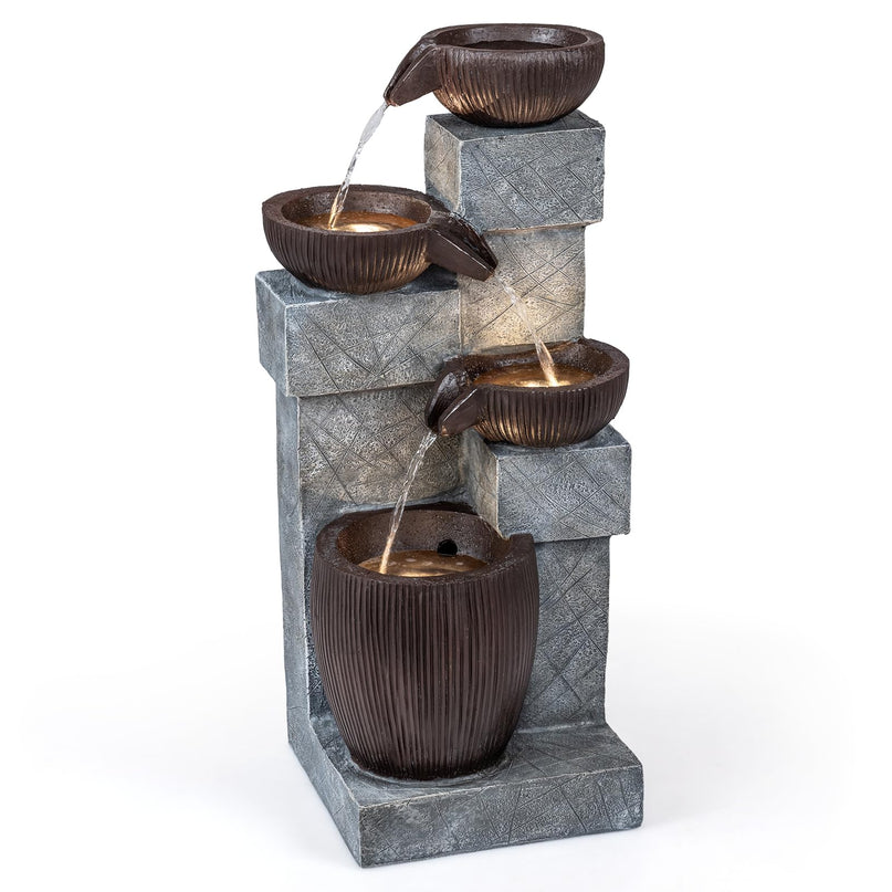 Giantex 4-Tier Cascading Bowls Waterfall Fountain with Warm LED Lights & Pump