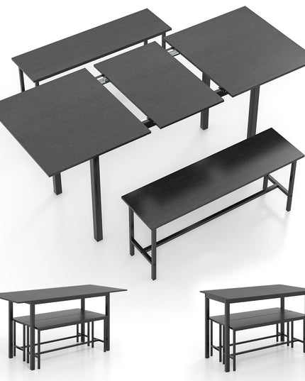 Giantex Dining Room Table Set for 4-6, 3 Piece Dining Table Set, 63” Extendable Dining Table with 2 Benches