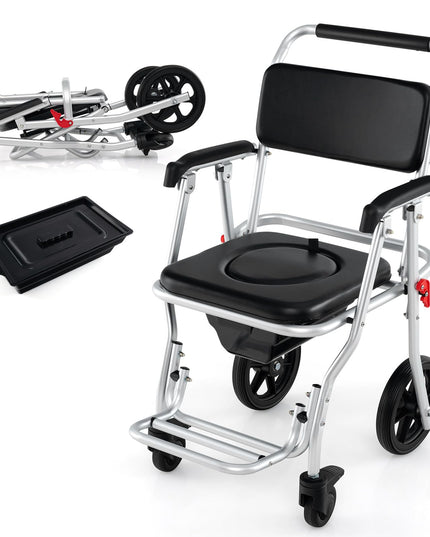 Giantex Bedside Commode Wheelchair for Toilet - Foldable Shower Chair with Arms, Lockable Casters