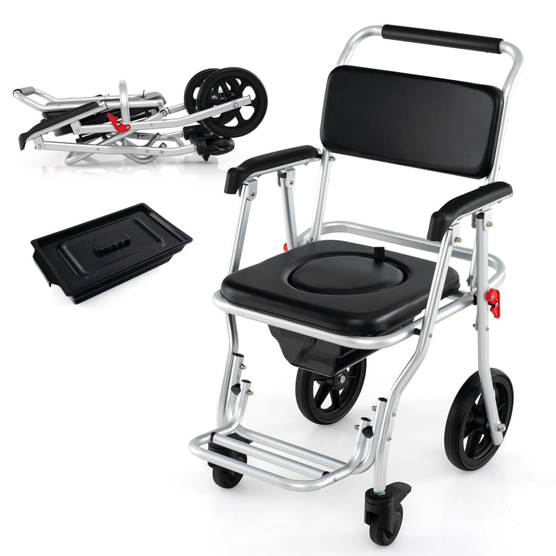 Giantex Bedside Commode Wheelchair for Toilet - Foldable Shower Chair with Arms, Lockable Casters
