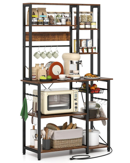 Giantex Large Bakers Rack with Power Outlet 6-Tier Microwave Stand with Wire Basket