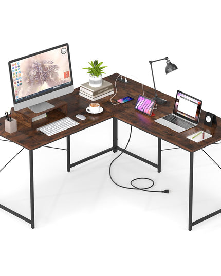 59 Inch Reversible Corner Desk with Power Outlet and USB Ports & Monitor Stand