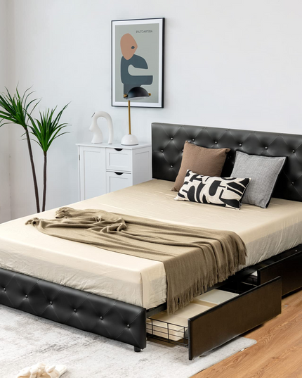 Upholstered PU Leather Platform Bed Frame w/ 4 Storage Drawers, Adjustable Headboard & Solid Wooden Slats